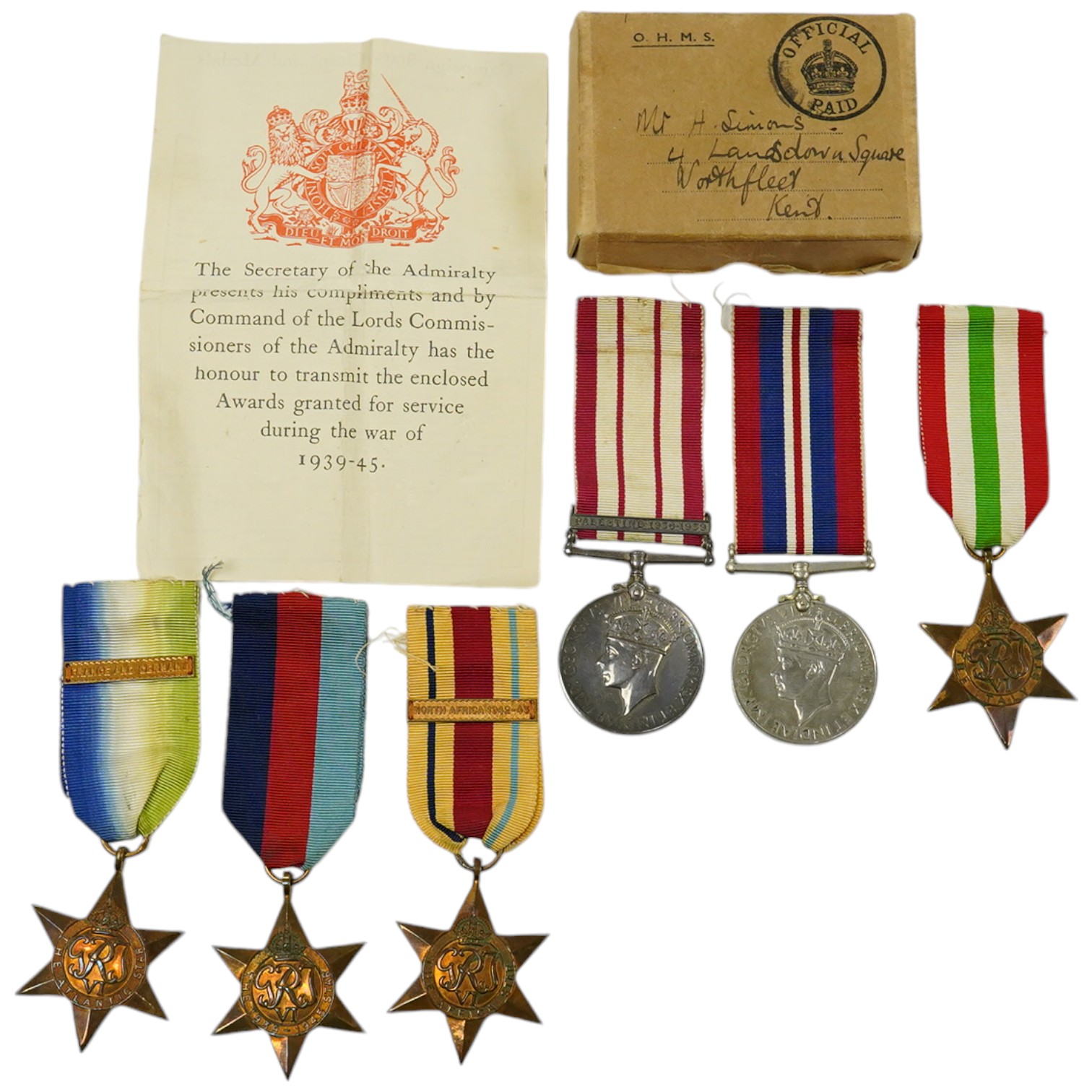 A WW2 Naval General Service Medal group of 6 with Palestine 1936-39 clasp to SSX.15520 H.Simons. A.B. R.N.